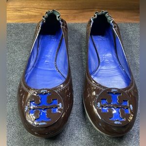 Tory Burch Reva Ballet Flat Shoes Brown patent Leather Size 8
